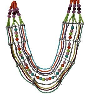 Handcrafted Boho Colorful Beaded Multi Strand Necklace Retro 70s Fashion Jewelry